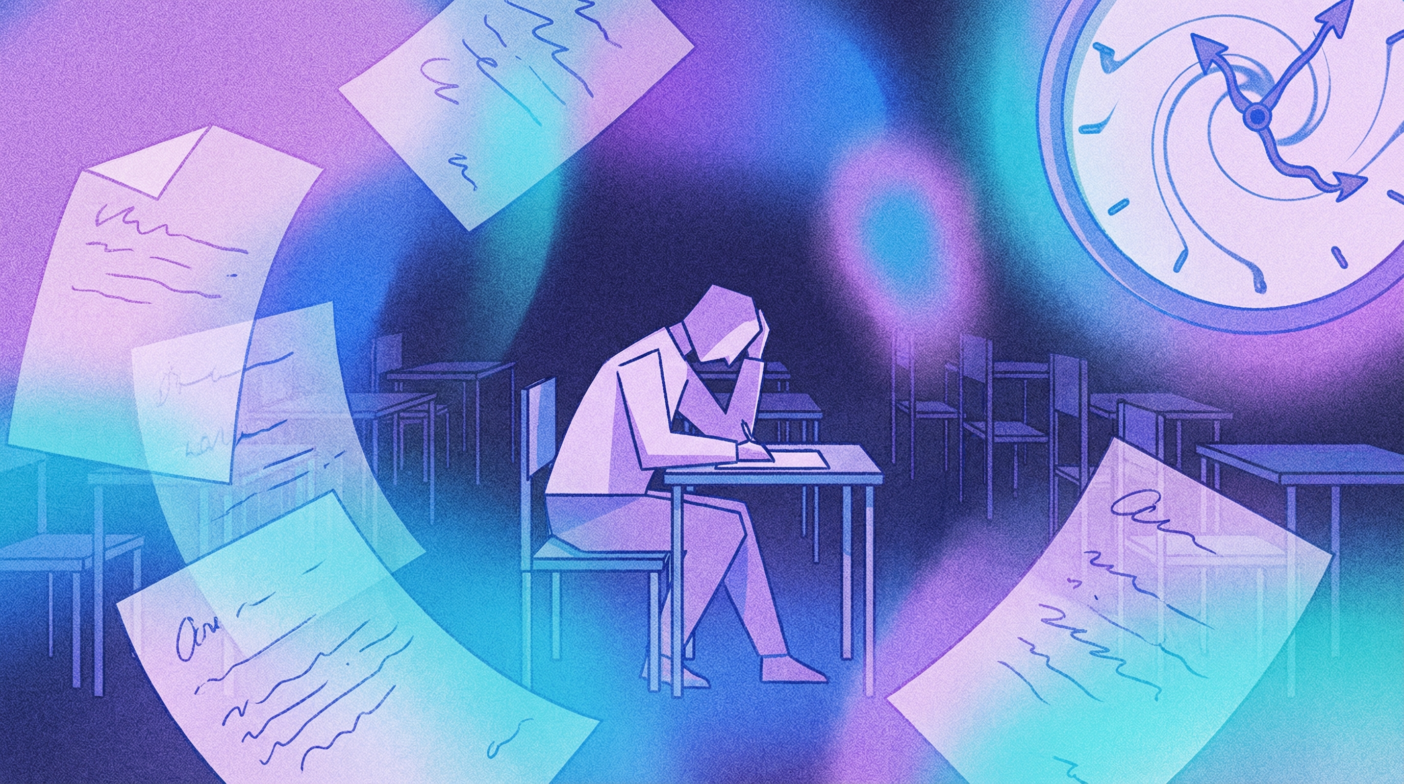 Surreal illustration of figure in exam hall with floating papers and clock representing anxiety in purple and blue Aura style