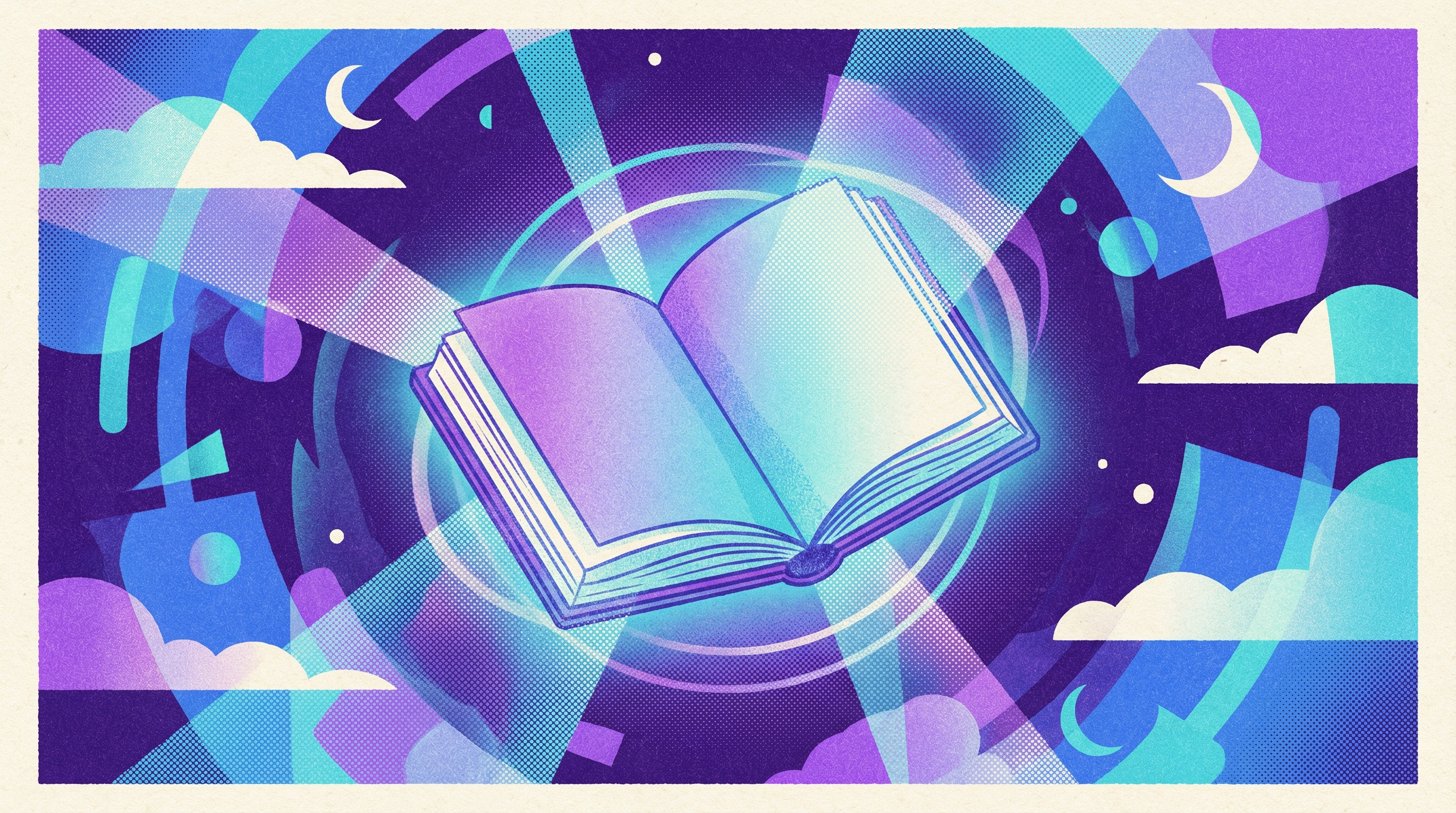 Risograph-influenced illustration showing a glowing dream journal in a surreal void