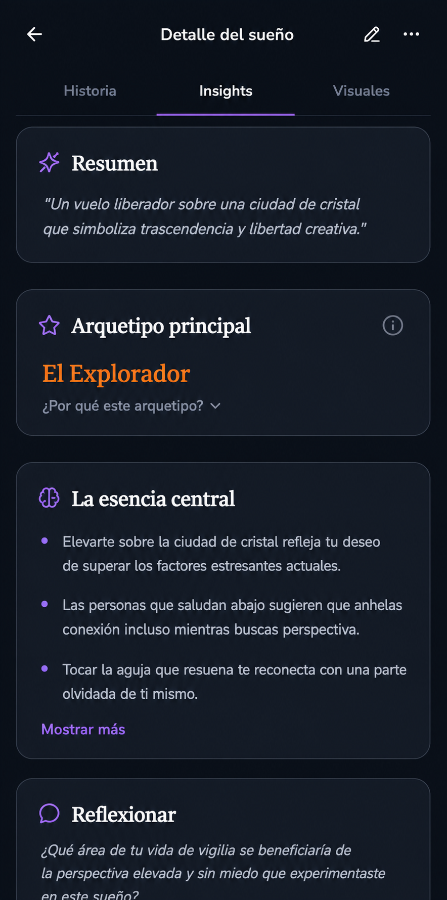 Paso 03 de la app DreamStream: Compréndelo - Tu historial de sueños revela patrones únicos para ti.