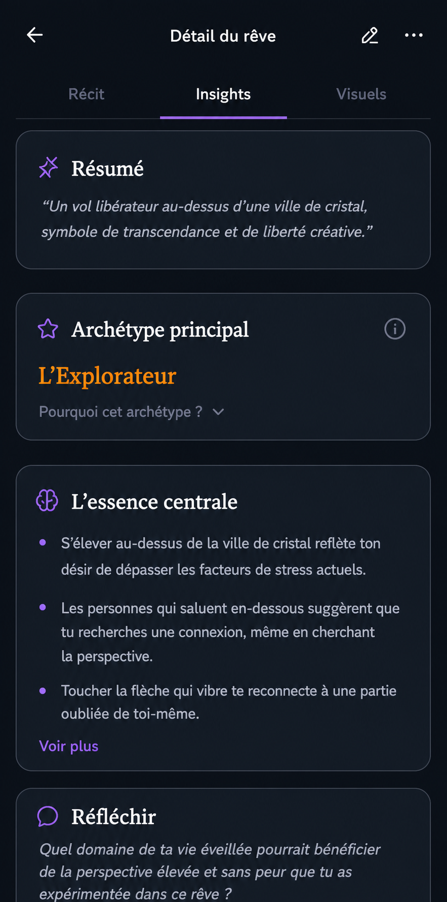 Étape 03 de l'app DreamStream : Comprends-le - Ton historique de rêves révèle des motifs qui te sont propres.