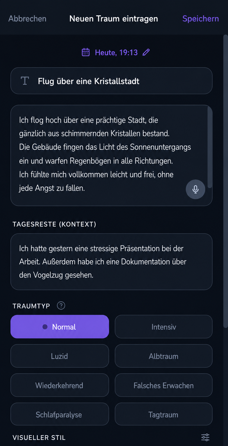 DreamStream-App Schritt 01: Traum erfassen - Sprich oder tippe, bevor er verblasst. Die Sprachaufnahme funktioniert sogar um 3 Uhr morgens.