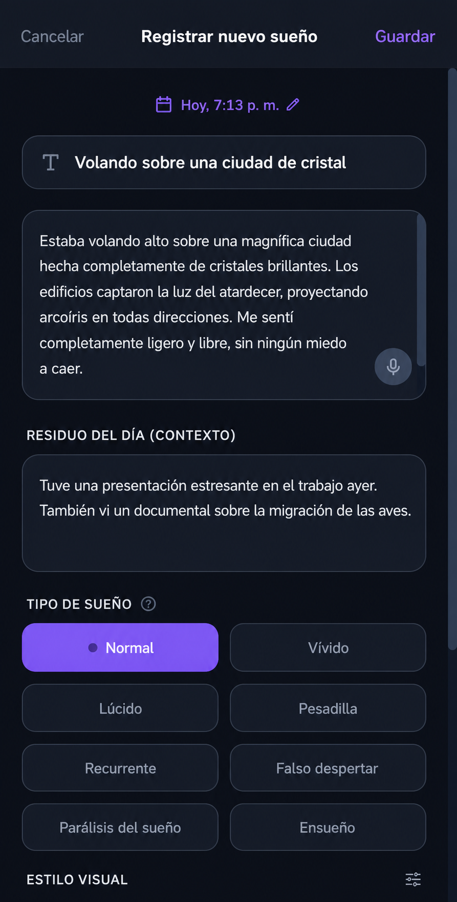 Paso 01 de la app DreamStream: Registra tu sueño - Habla o escribe antes de que se desvanezca. La captura por voz funciona incluso a las 3 a. m.