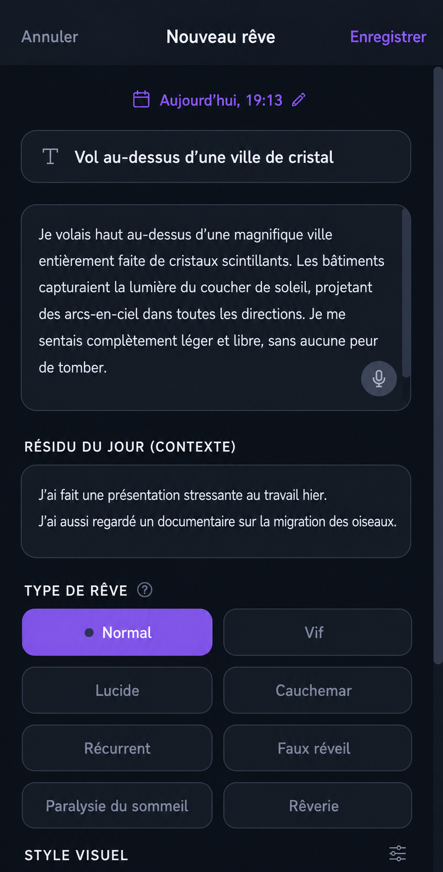 Étape 01 de l'app DreamStream : Note ton rêve - Parle ou écris avant qu’il ne s’efface. La capture vocale fonctionne même à 3 h du matin.