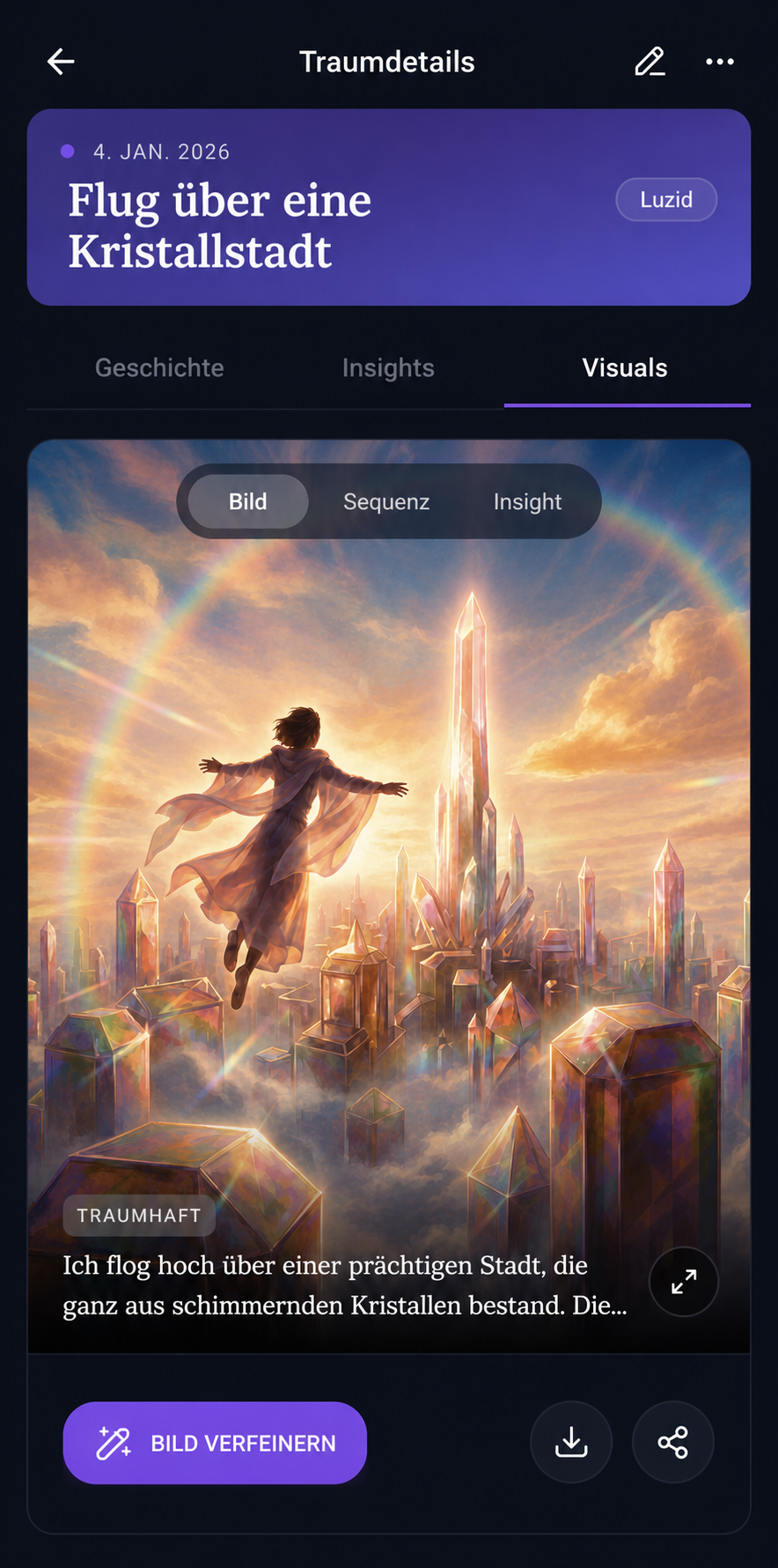 DreamStream-App Schritt 02: Visualisieren lassen - Deine Worte werden zu Traumbildern und Comic-Sequenzen.