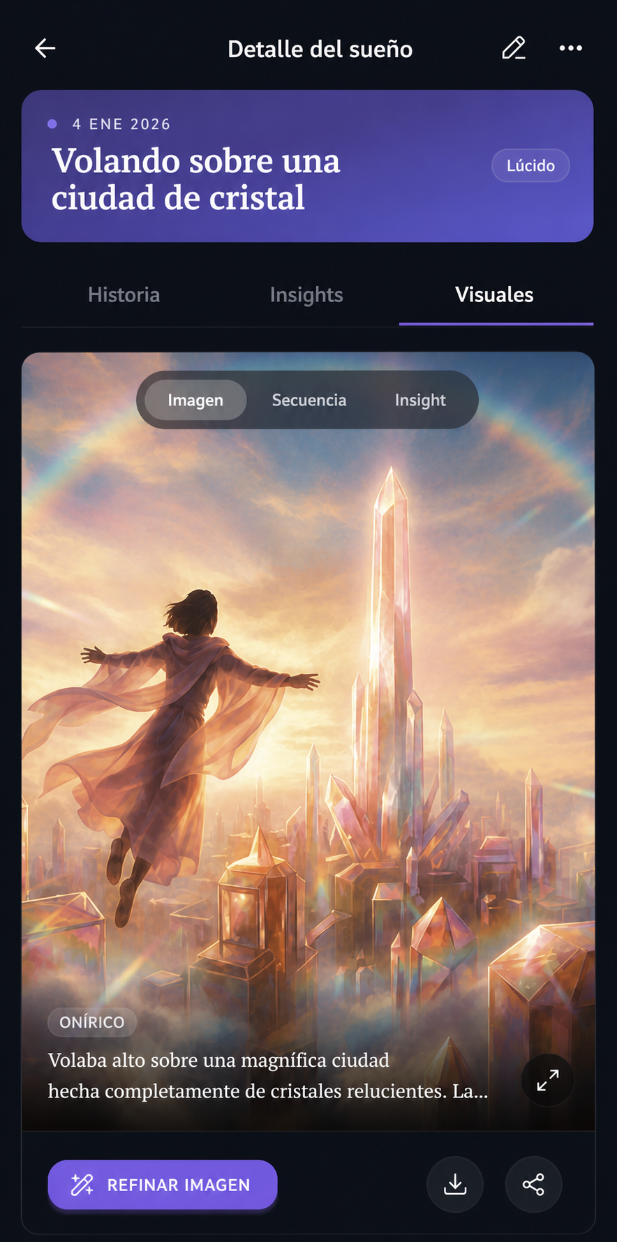 Paso 02 de la app DreamStream: Míralo visualizado - Tus palabras se convierten en imágenes oníricas y secuencias de cómic.