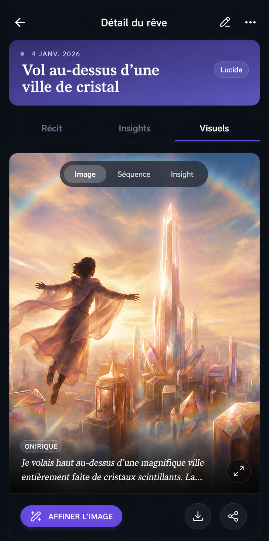 Étape 02 de l'app DreamStream : Vois-le en images - Tes mots deviennent des images de rêve et des séquences BD.