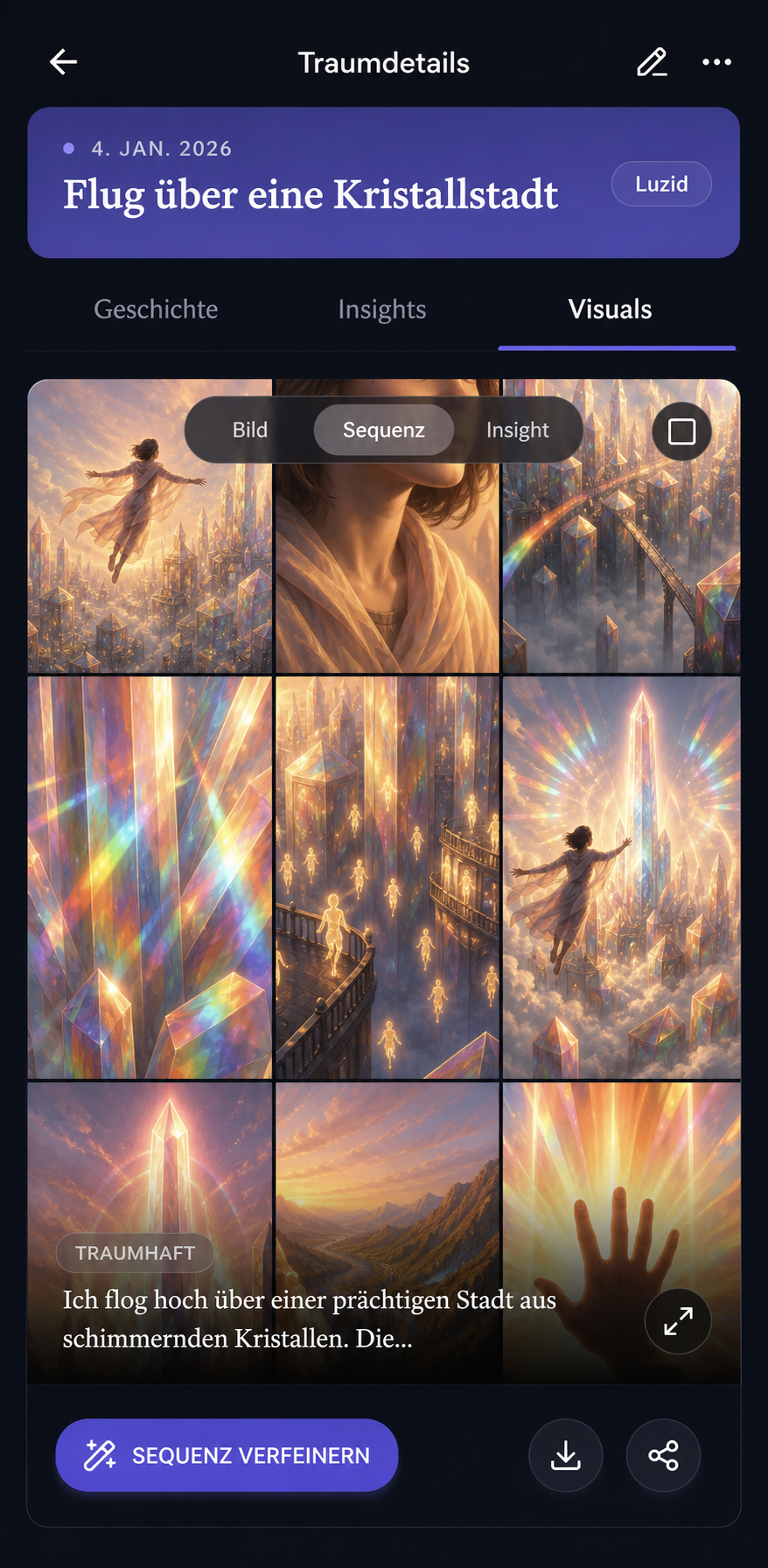 DreamStream-App Schritt 02: Visualisieren lassen - Deine Worte werden zu Traumbildern und Comic-Sequenzen.