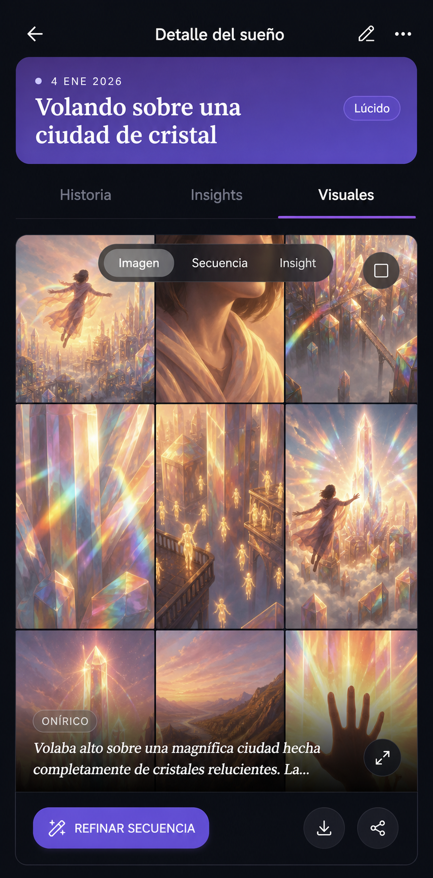 Paso 02 de la app DreamStream: Míralo visualizado - Tus palabras se convierten en imágenes oníricas y secuencias de cómic.
