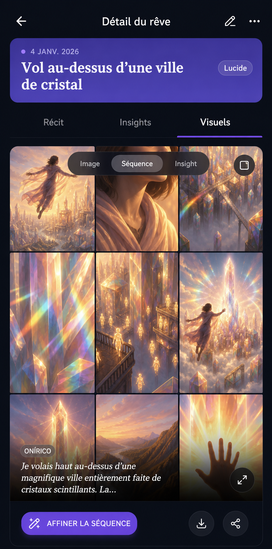 Étape 02 de l'app DreamStream : Vois-le en images - Tes mots deviennent des images de rêve et des séquences BD.