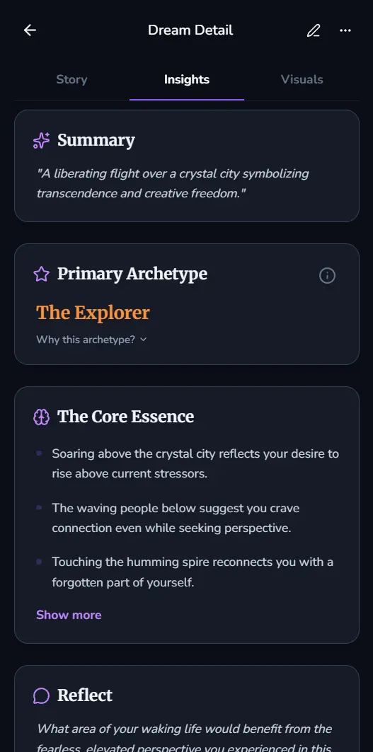 DreamStream App Step 03: Understand It - Your dream history reveals patterns unique to you.