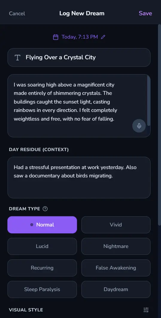 DreamStream App Step 01: Record Your Dream - Speak or type before it fades. Voice capture works even at 3 AM.